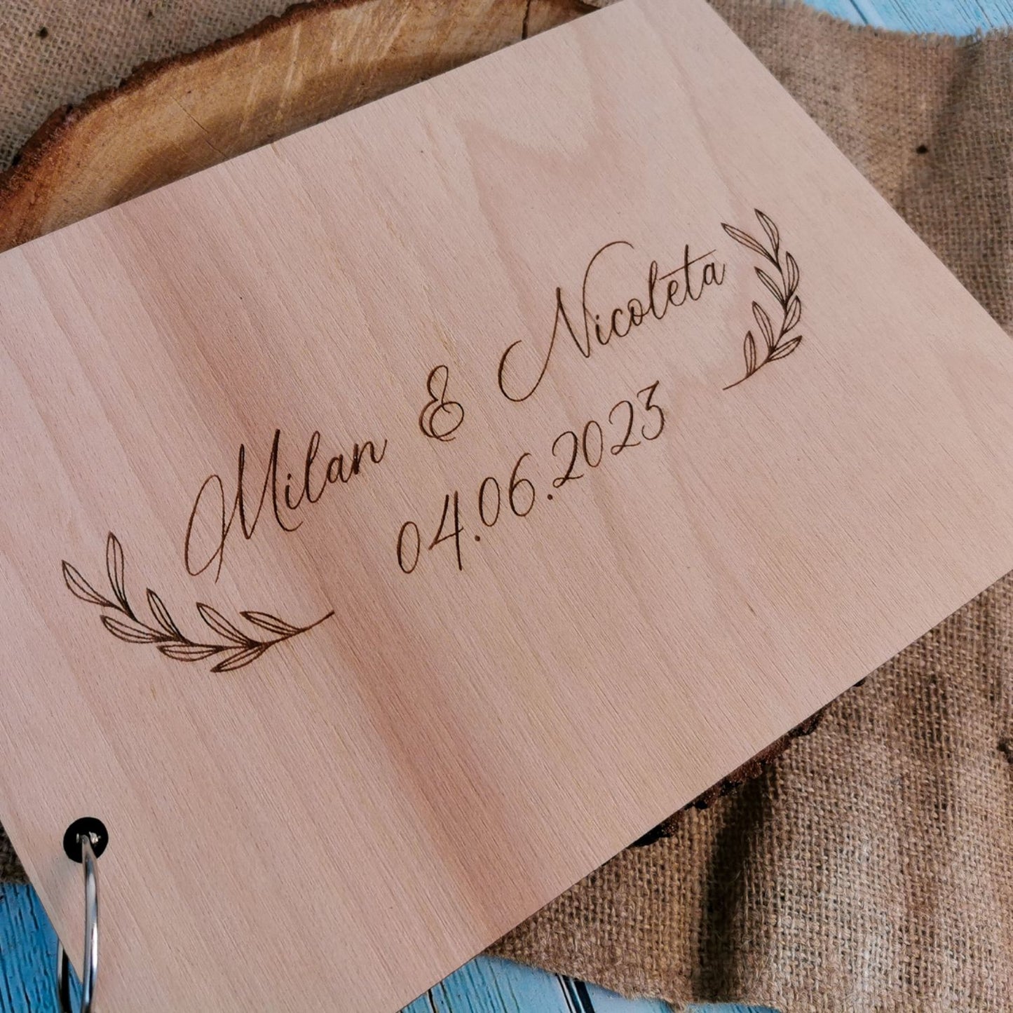 Album Foto GuestBook Nunta HH1640 Model Frunze Personalizat din lemn 30 x 21 cm