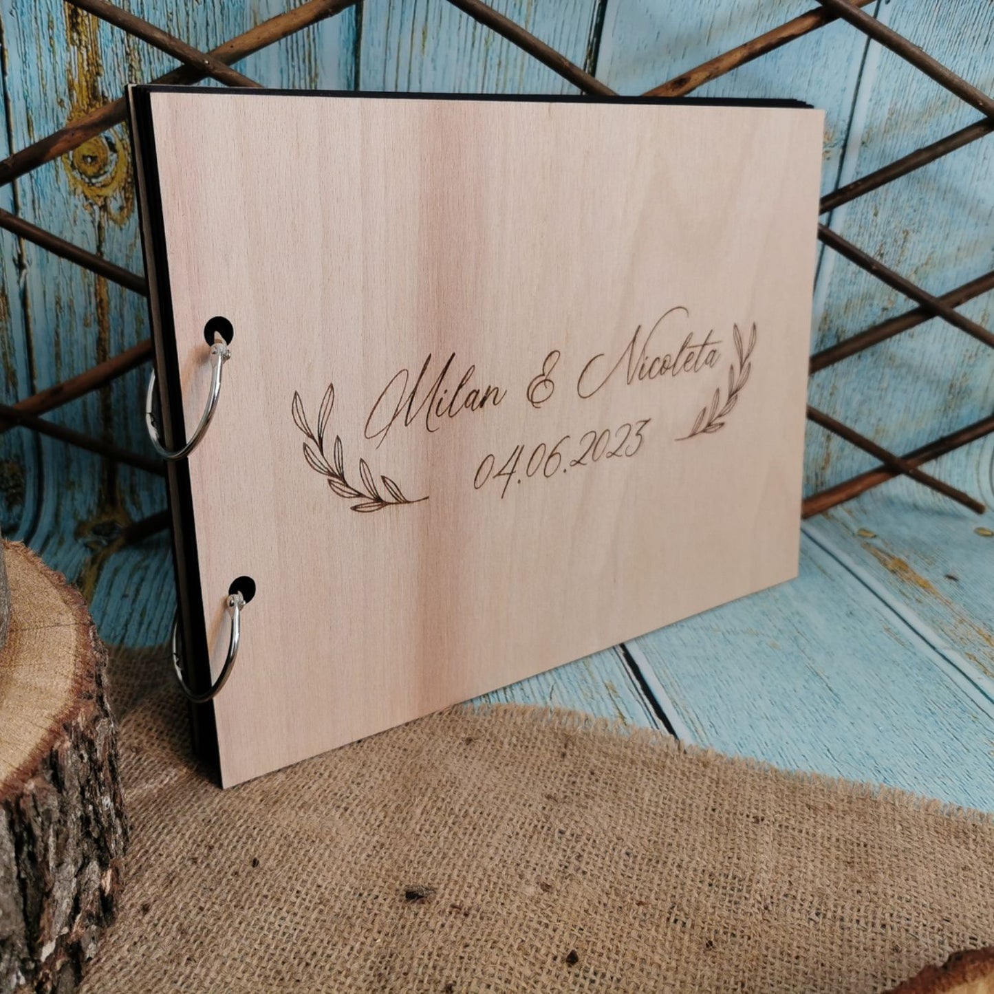 Album Foto GuestBook Nunta HH1640 Model Frunze Personalizat din lemn 30 x 21 cm
