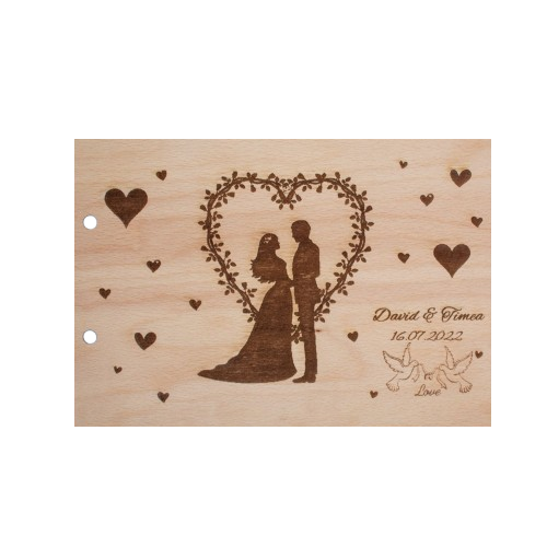 Album Foto GuestBook Nunta HH1590 Personalizat din lemn Inimi Mire si Mireasa 30 x 21
