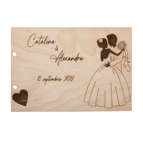 Album Foto GuestBook Nunta HH1609 Personalizat din lemn -Mire si Mireasa cu Buchet 30 x 21 cm