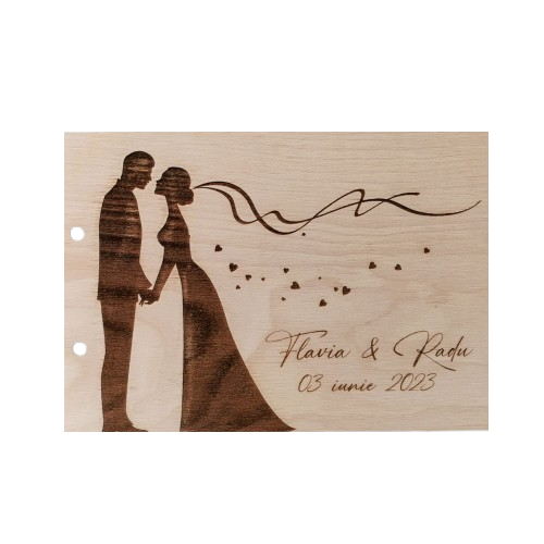 Album Foto GuestBook Nunta HH1631 Personalizat din lemn - Mire si Mireasa cu Voal 30 x 21 cm