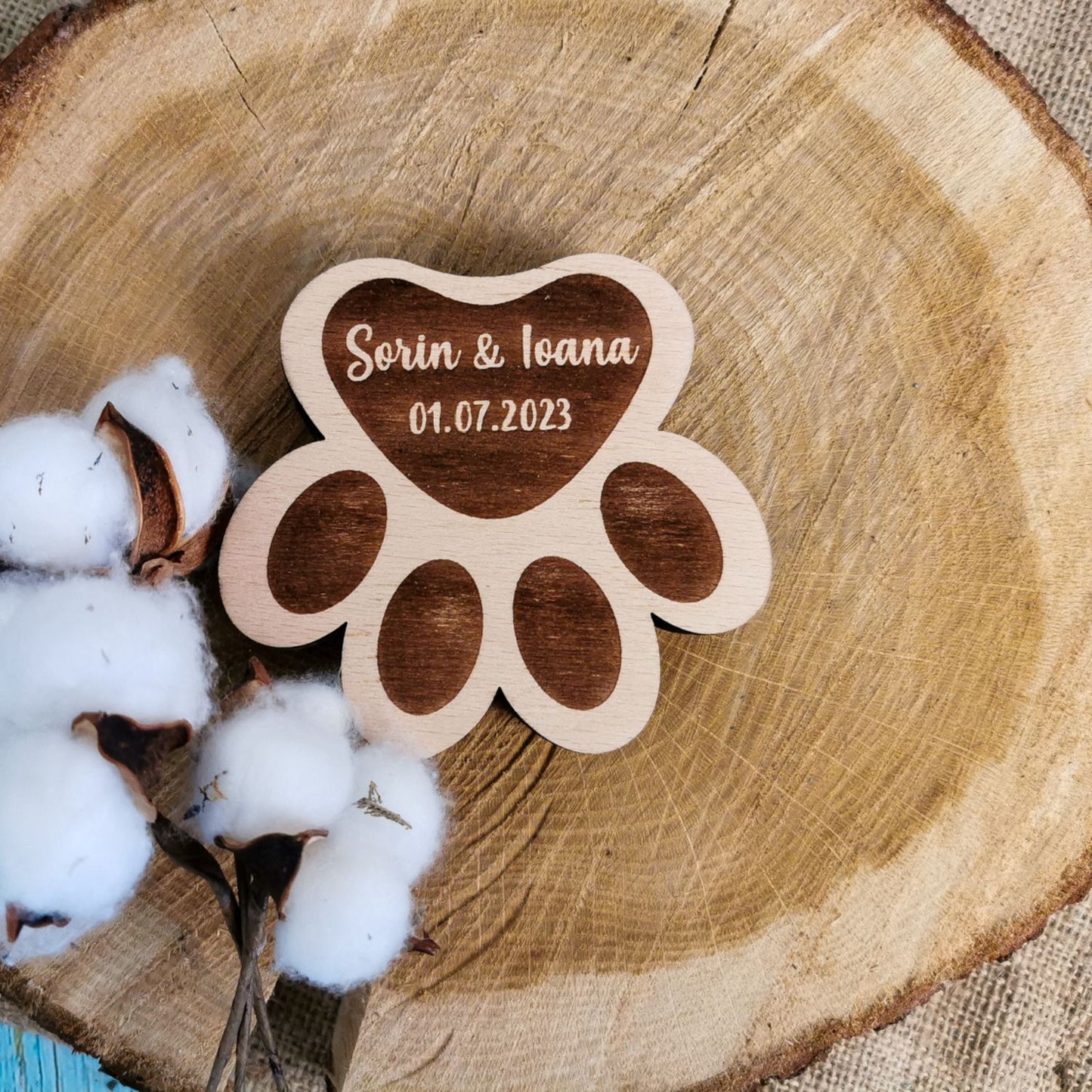 Cutie Verighete Labuta Catel Pisica Personalizata HH1638 din Lemn 11x10 cm