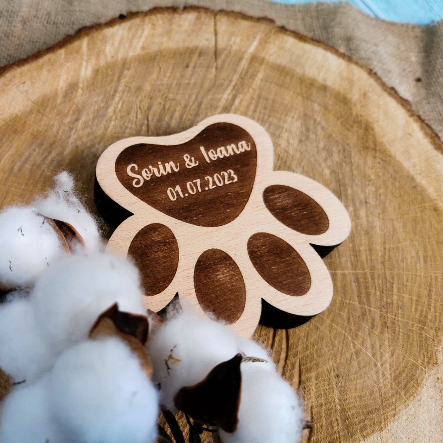 Cutie Verighete Labuta Catel Pisica Personalizata HH1638 din Lemn 11x10 cm