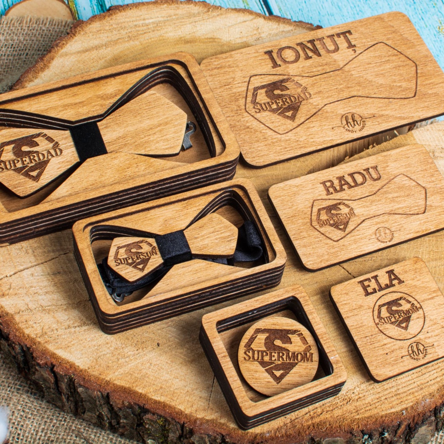 Set Papion Familie HH1608 din Lemn Personalizat in Cutie Premium