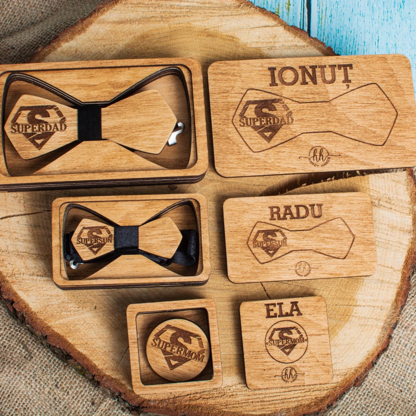 Set Papion Familie HH1608 din Lemn Personalizat in Cutie Premium