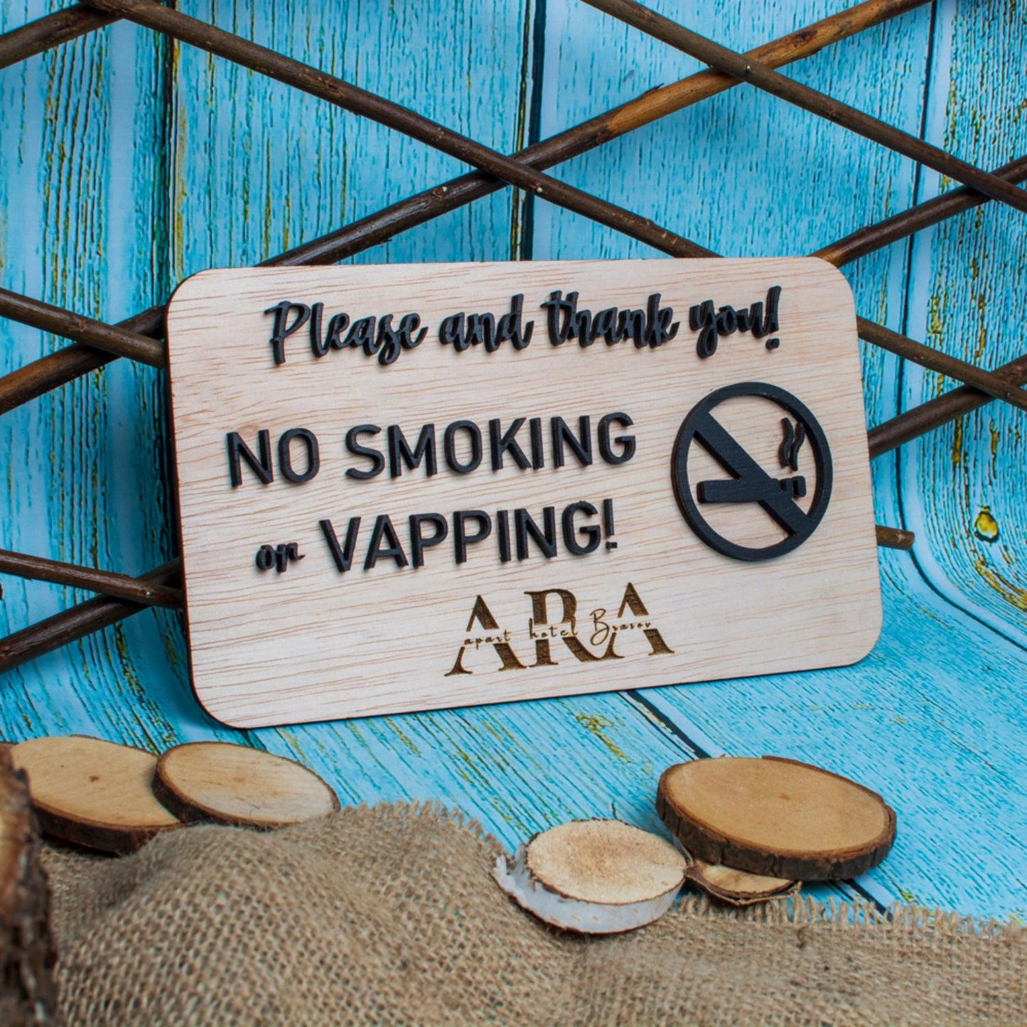 Indicator din lemn HH1562 No Smoking No Vaping Personalizat 20x12 cm