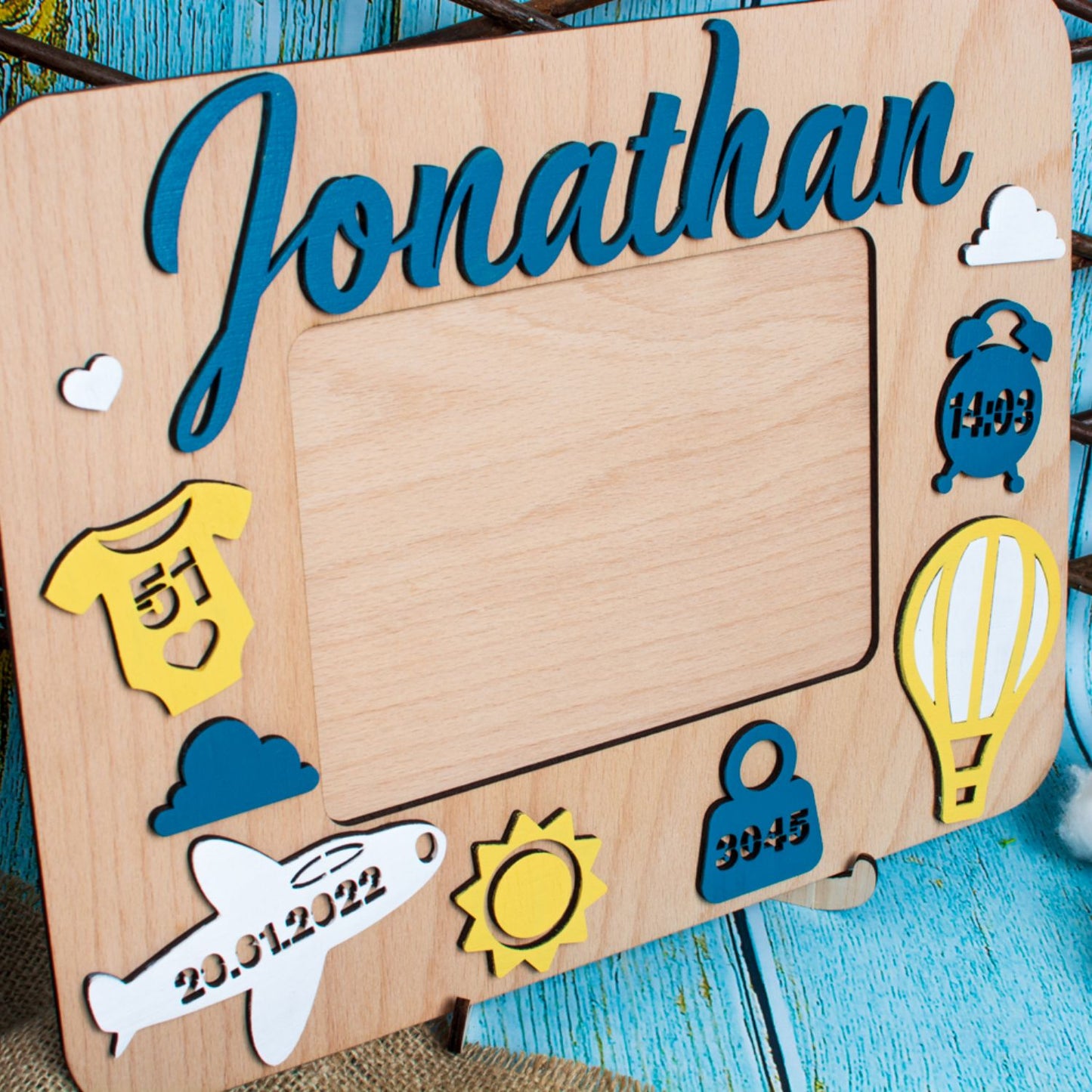 Rama Foto Personalizata HH1569 cu Detaliile Nasterii din lemn Balon cu Aer Cald 33x25 cm