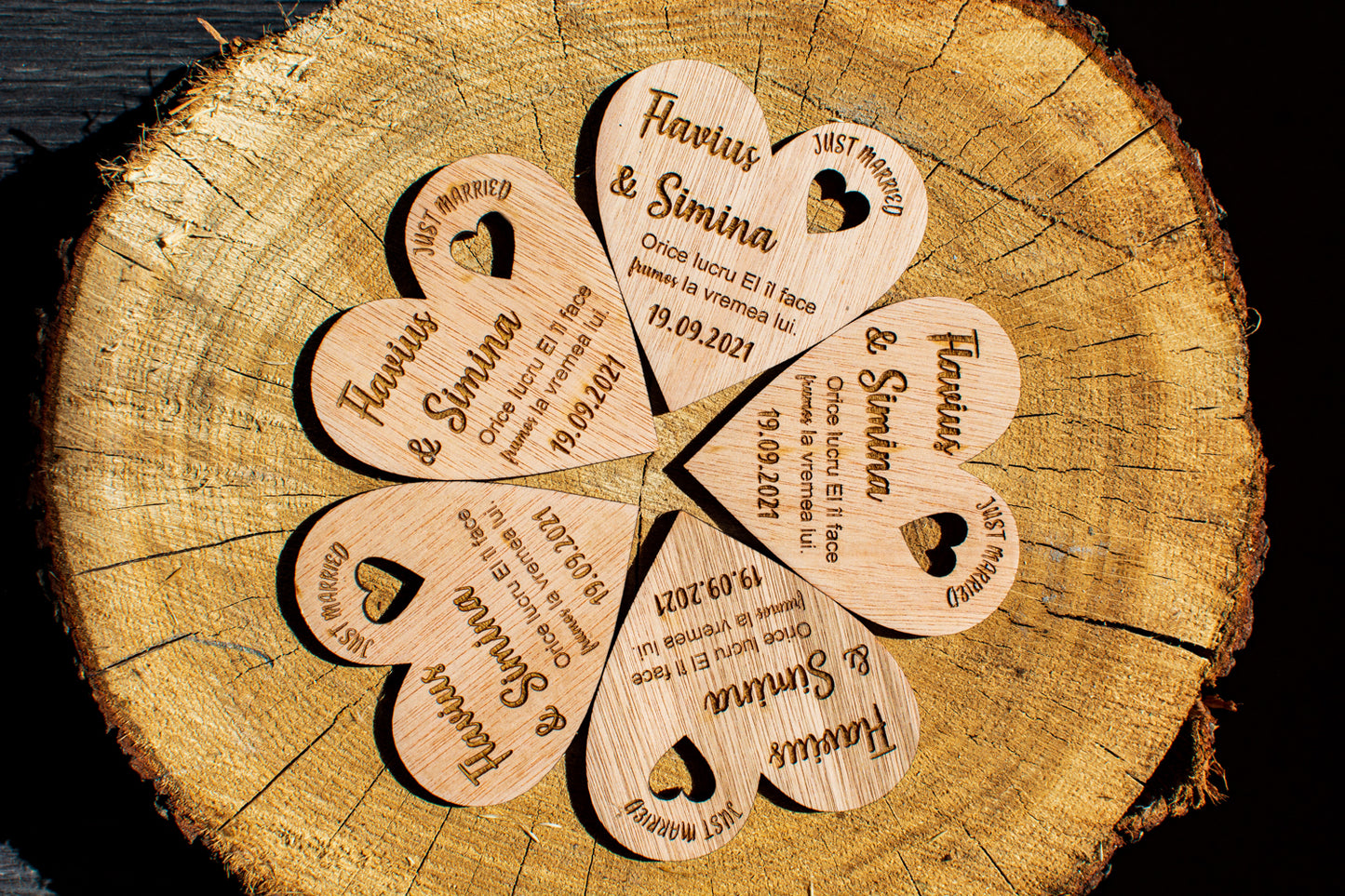 Set 10 bucati Marturie Aranjament HH6722 de masa Personalizata din lemn Nunta Just Married Proaspat Casatoriti Inima