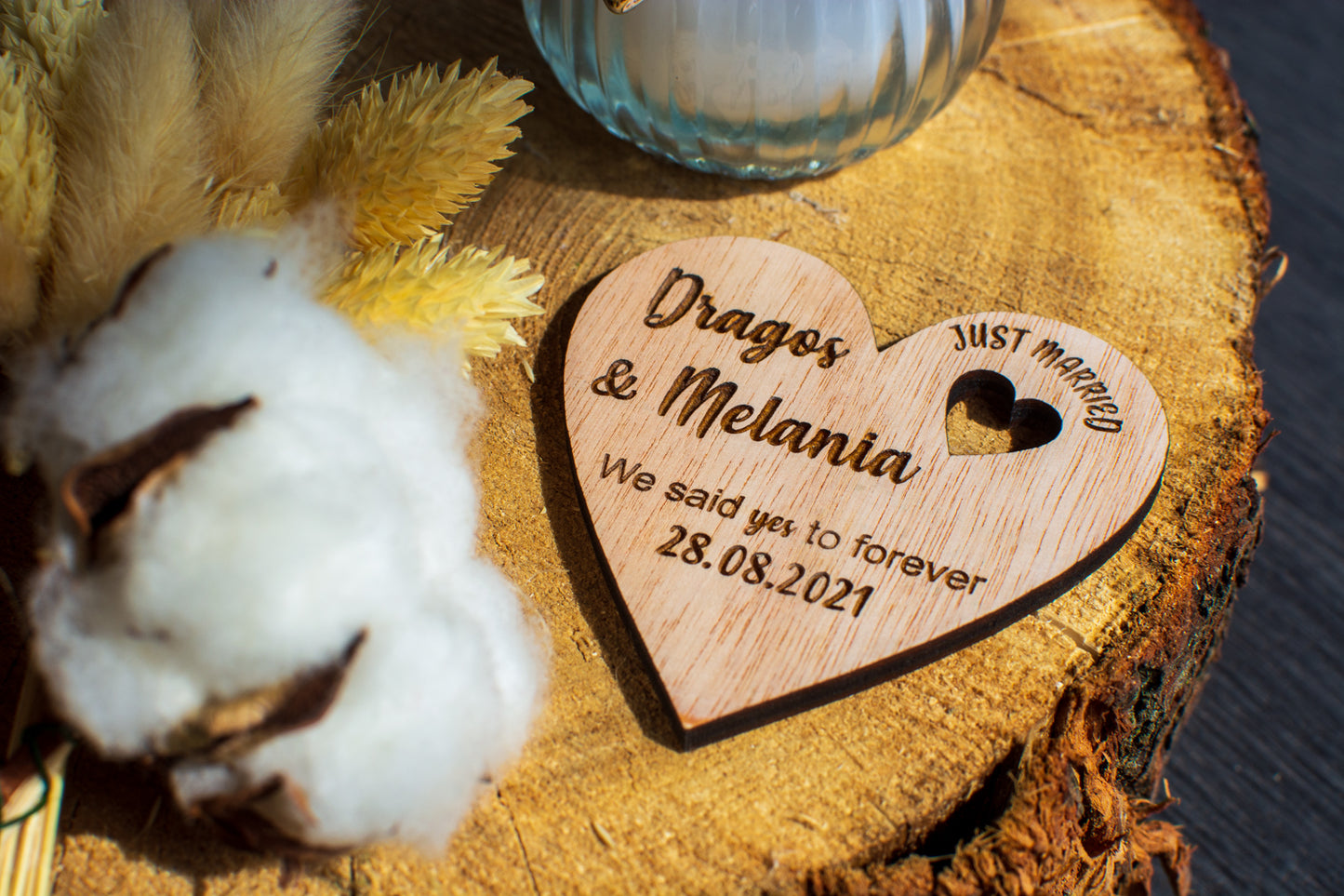 Set 10 bucati Marturie Aranjament HH6733 de masa Personalizata din lemn Nunta Just Married Am spus Da pentru Totdeauna
