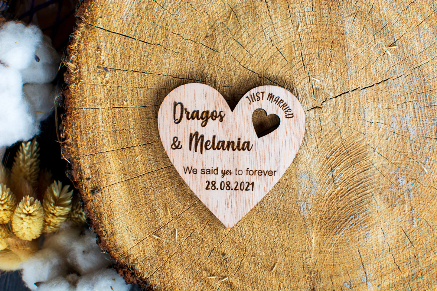 Set 10 bucati Marturie Aranjament HH6733 de masa Personalizata din lemn Nunta Just Married Am spus Da pentru Totdeauna
