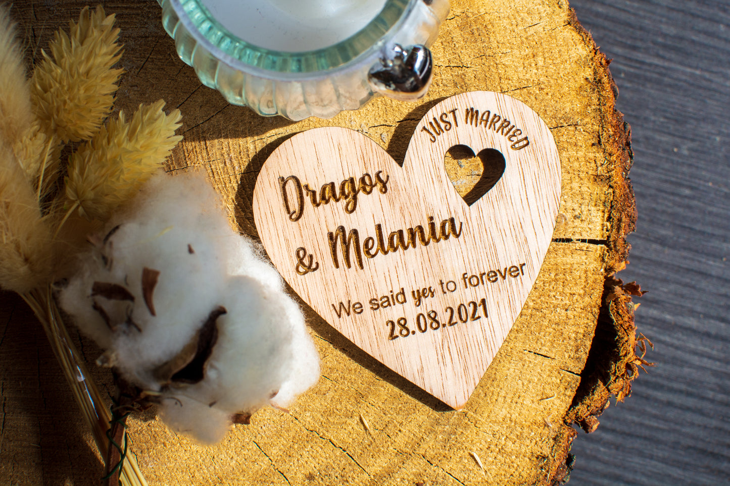 Set 10 bucati Marturie Aranjament HH6733 de masa Personalizata din lemn Nunta Just Married Am spus Da pentru Totdeauna