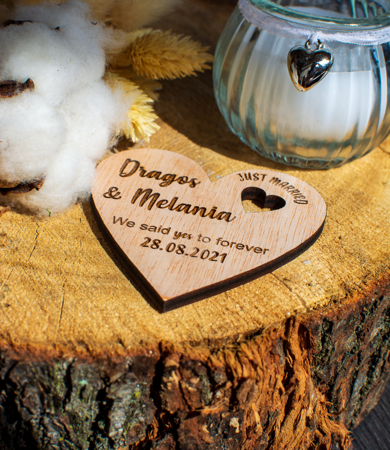 Set 10 bucati Marturie Aranjament HH6733 de masa Personalizata din lemn Nunta Just Married Am spus Da pentru Totdeauna