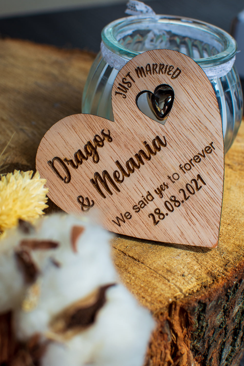 Set 10 bucati Marturie Aranjament HH6733 de masa Personalizata din lemn Nunta Just Married Am spus Da pentru Totdeauna