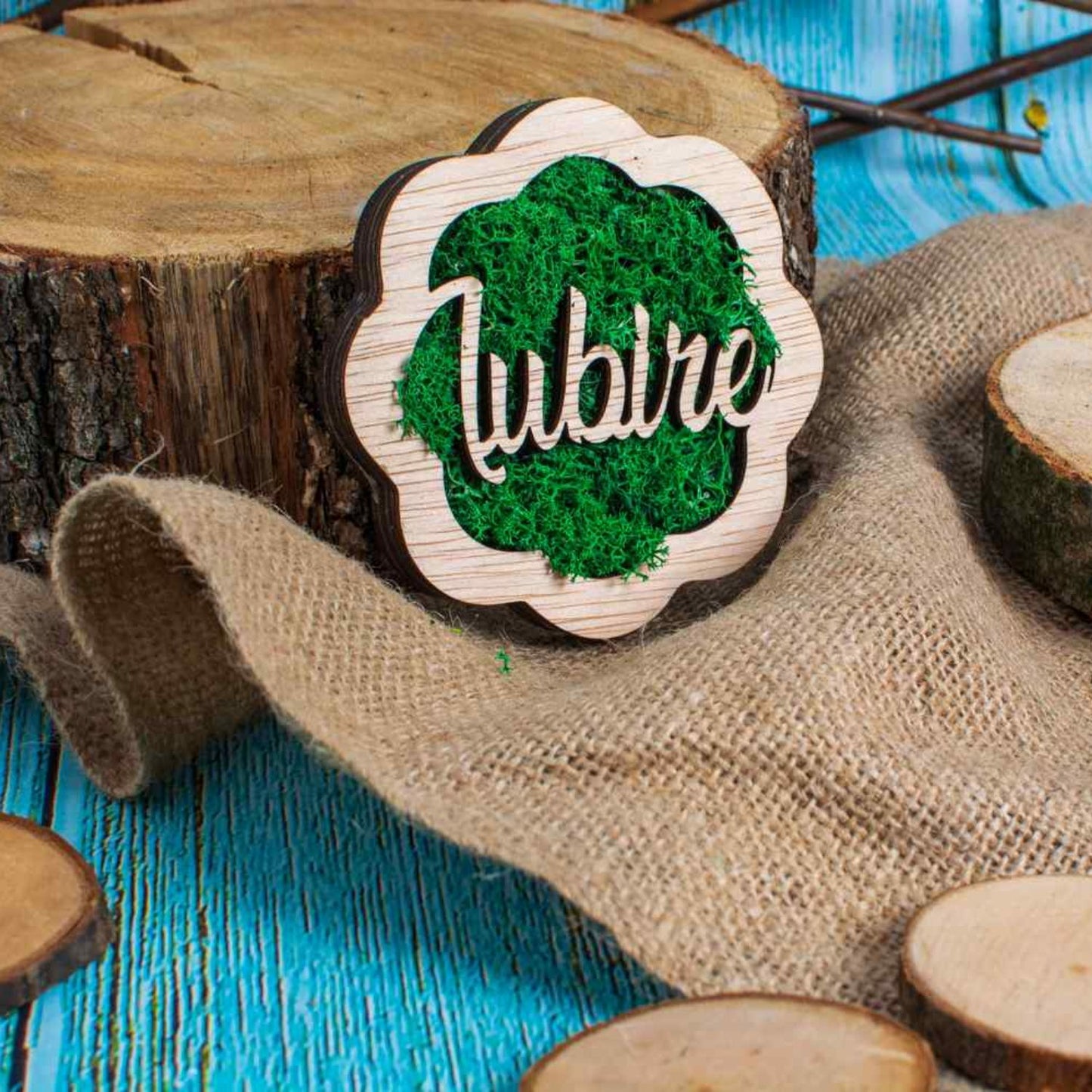 Decor Floare cu Iubire HH1546 din lemn Personalizat cu Licheni