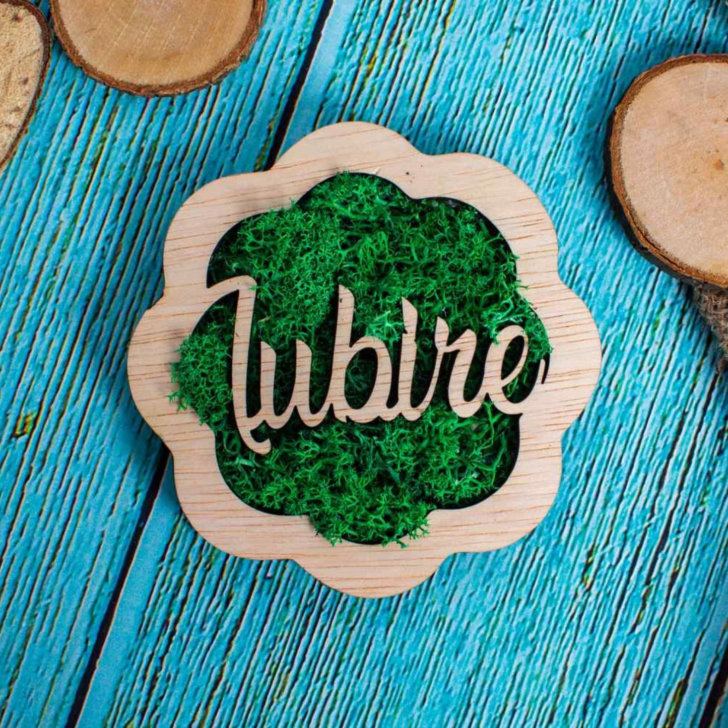 Decor Floare cu Iubire HH1546 din lemn Personalizat cu Licheni