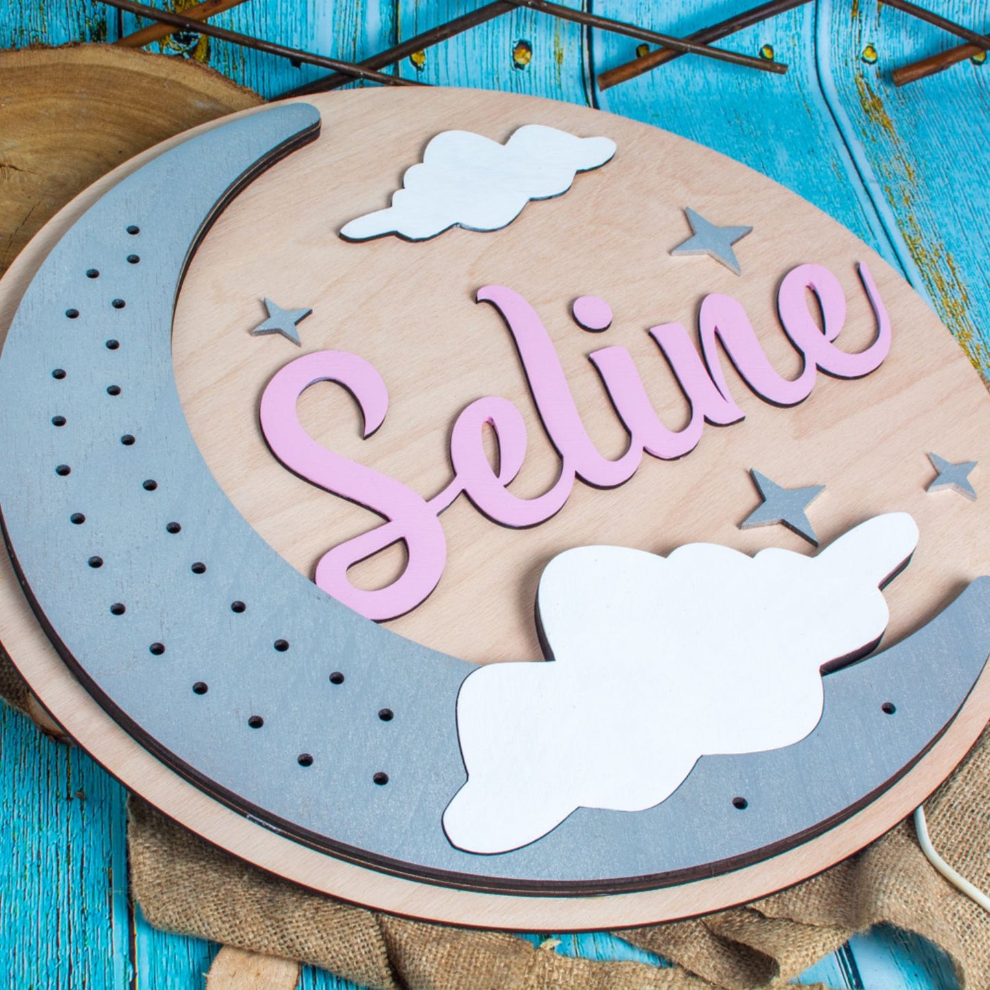 Lampa led din lemn Luna cu Nume Personalizat HH1572 46x46 cm