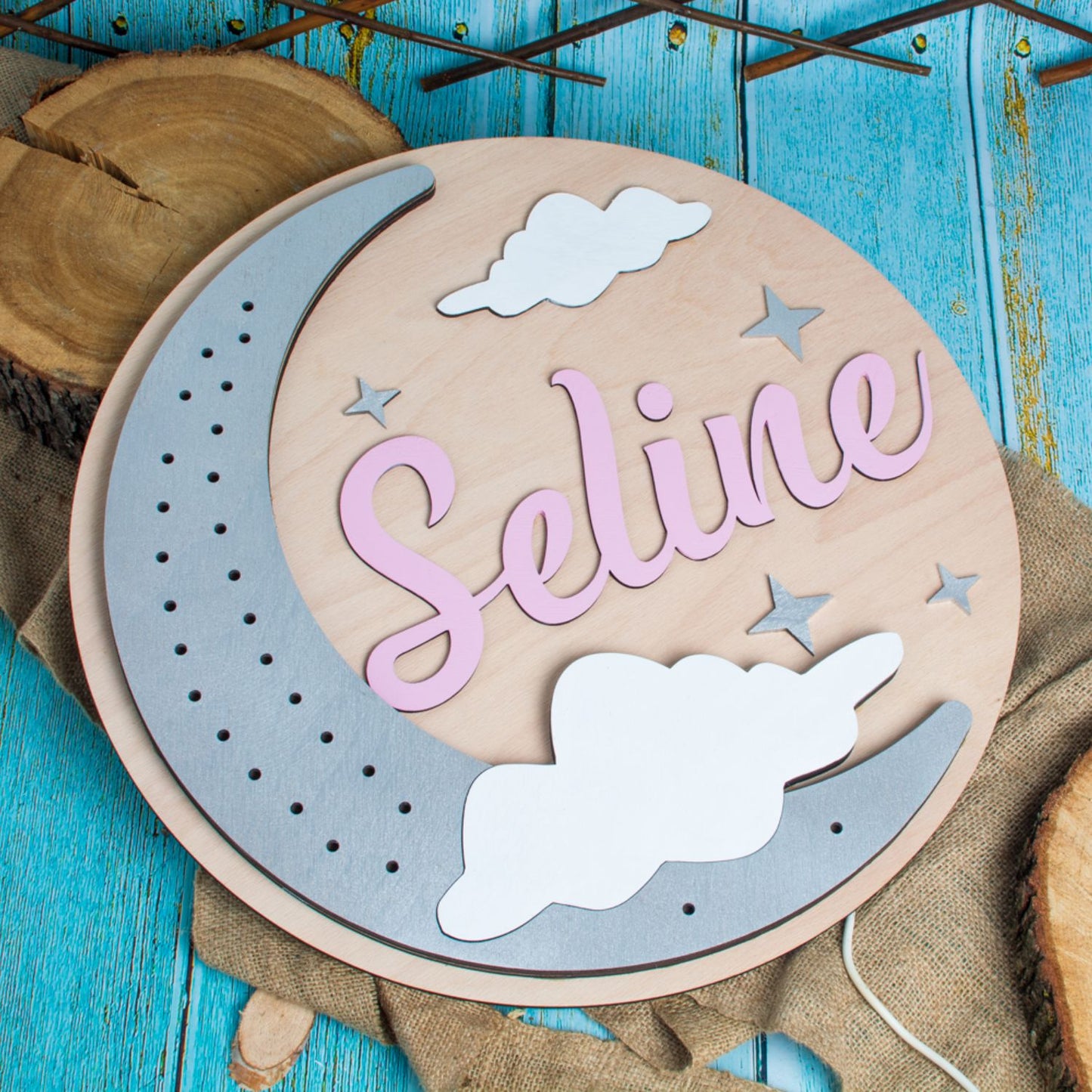 Lampa led din lemn Luna cu Nume Personalizat HH1572 46x46 cm
