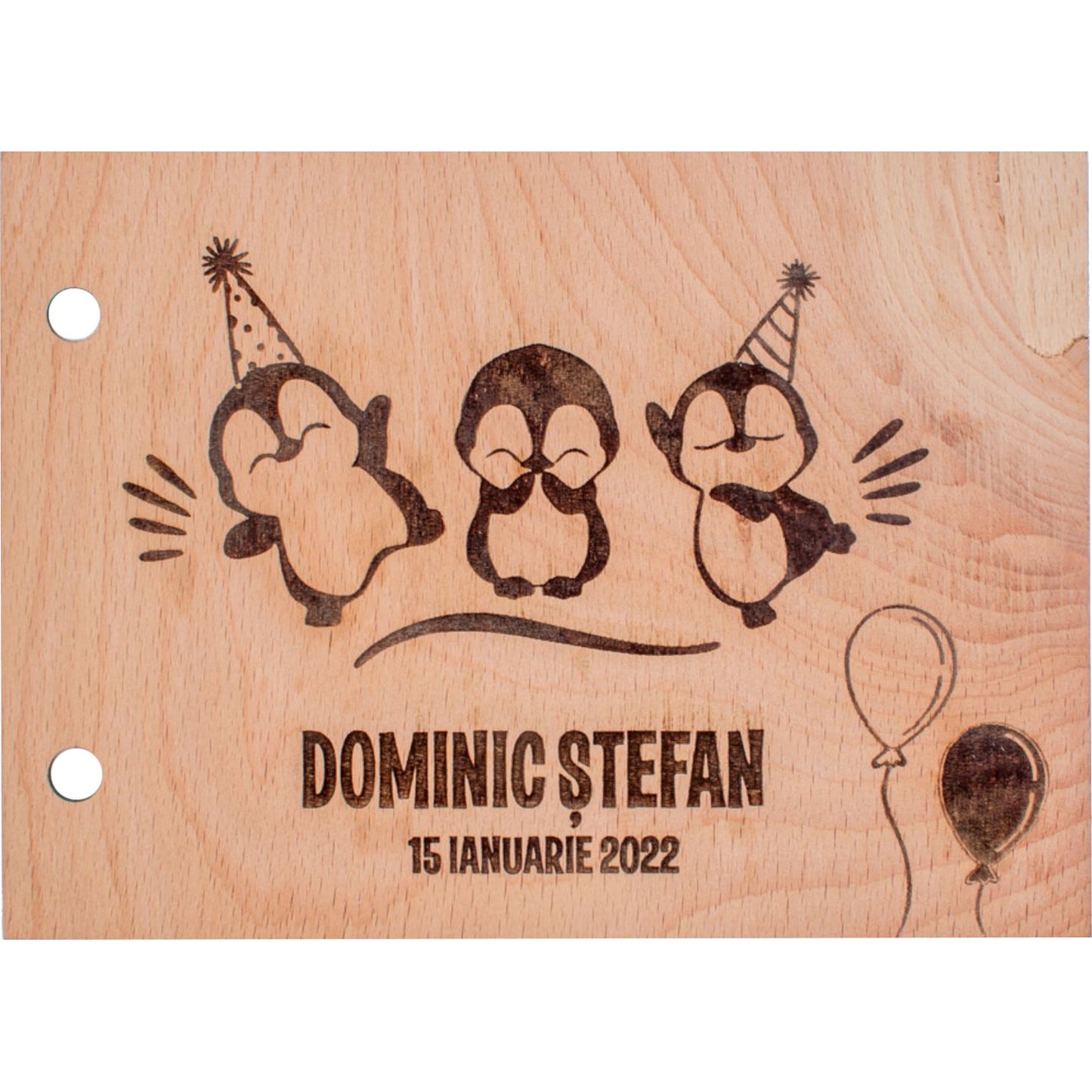 Album Foto Personalizat din lemn model Pinguini de Botez GuestBook HH1553 30x21 cm