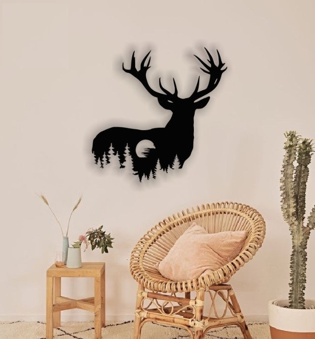 Decor perete Personalizabil Cerb cu Luna HHH597 din lemn
