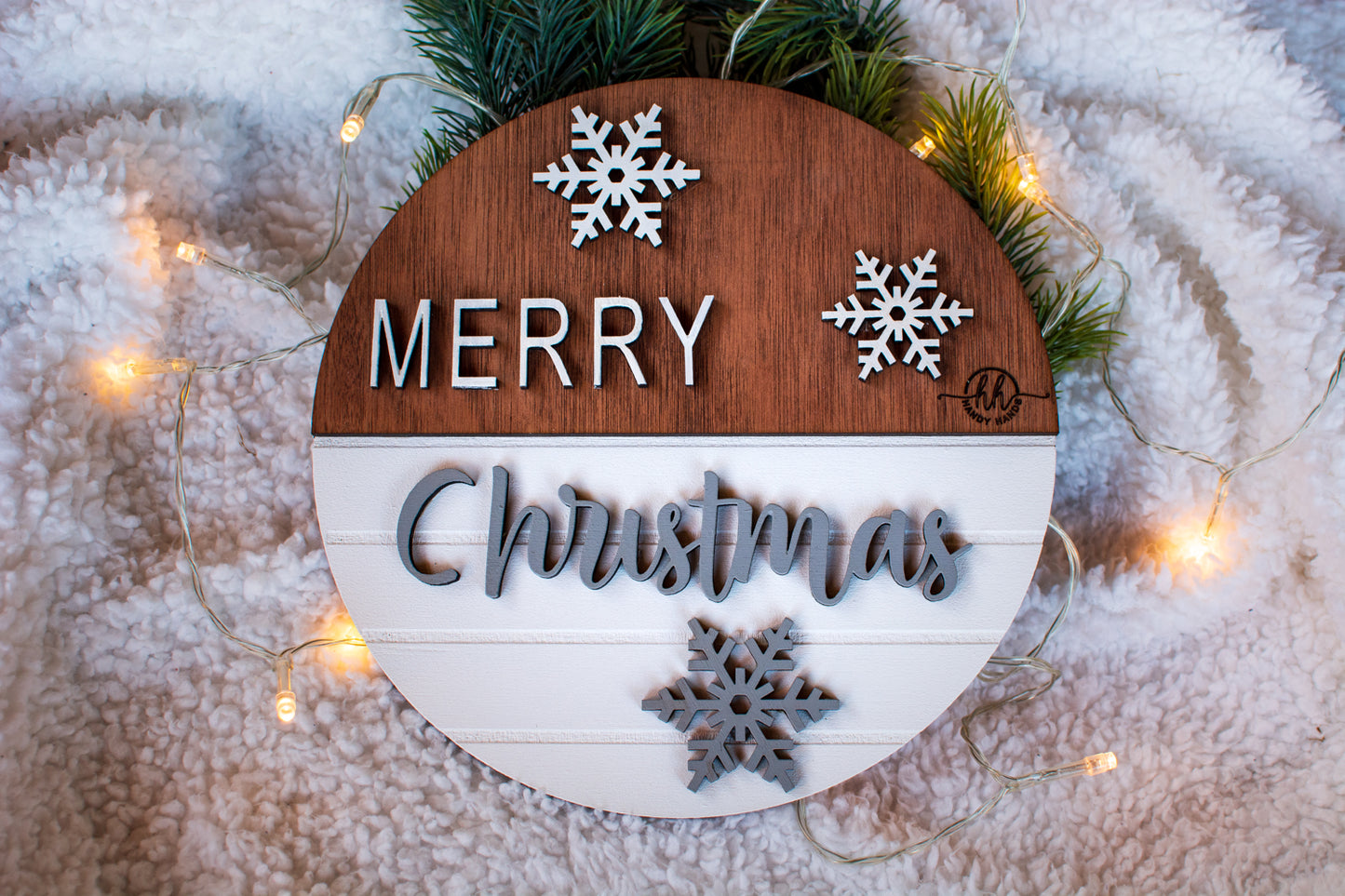 Decor perete usa de Craciun HH924 din lemn Merry Christmas Fulgi de nea