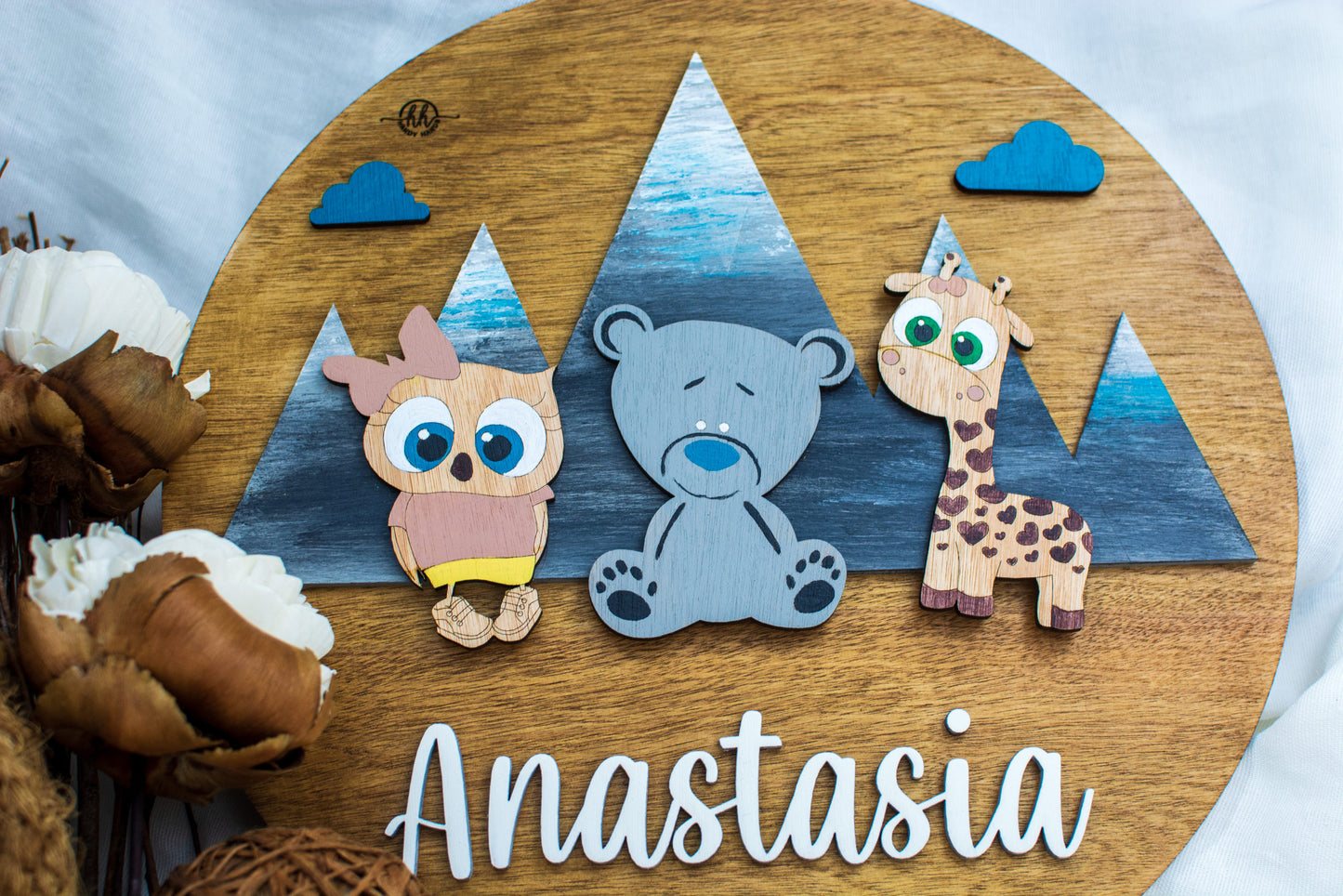 Decor Personalizabil, HandyHands, cu Nume din lemn 3 Animalute 36 cm