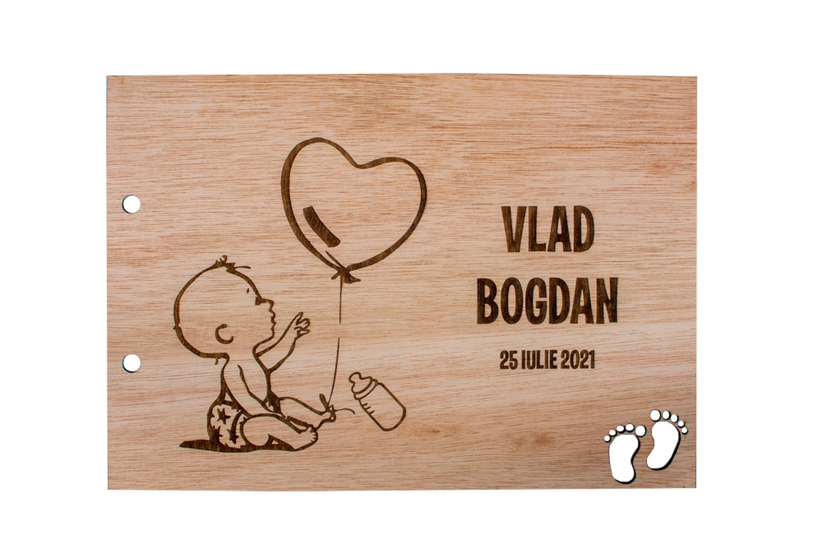 GuestBook Album Foto de Botez Personalizat din lemn Bebelus Baiat