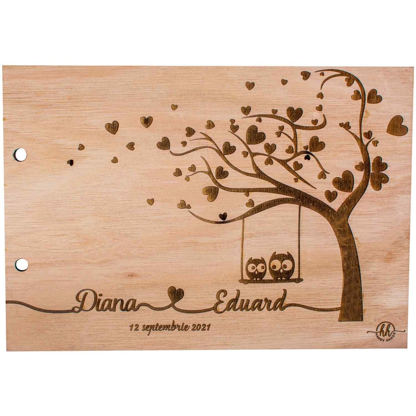 Album Foto GuestBook A4 de Nunta Personalizat HH676 din lemn Inimi Bufnite 30x21 cm