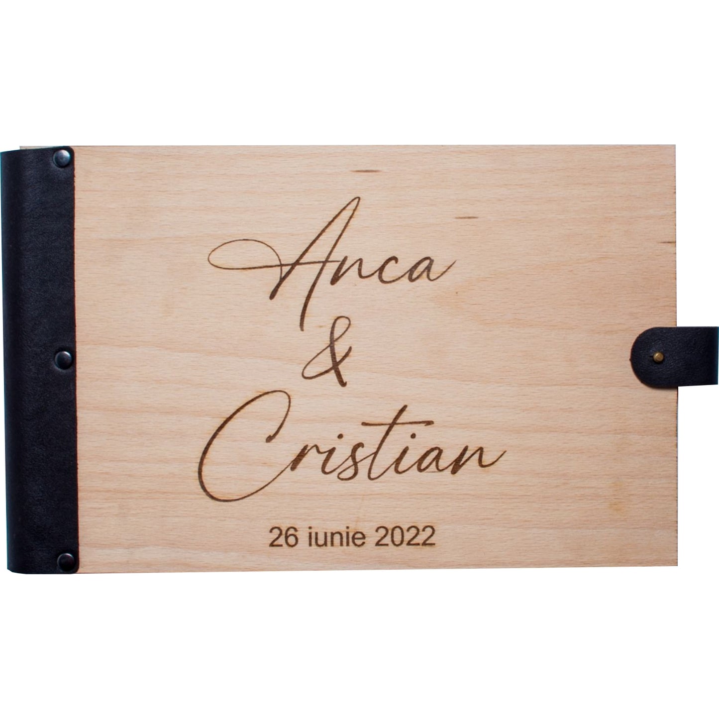 GuestBook Album foto Premium din lemn HH1578 Personalizat cu margine de Piele dimensiune A4