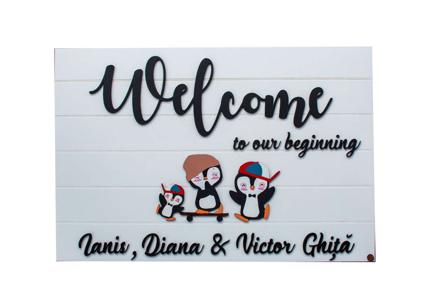 Panou Personalizat din lemn HH628 Intampinare Invitati Nunta Botez Eveniment Pinguini