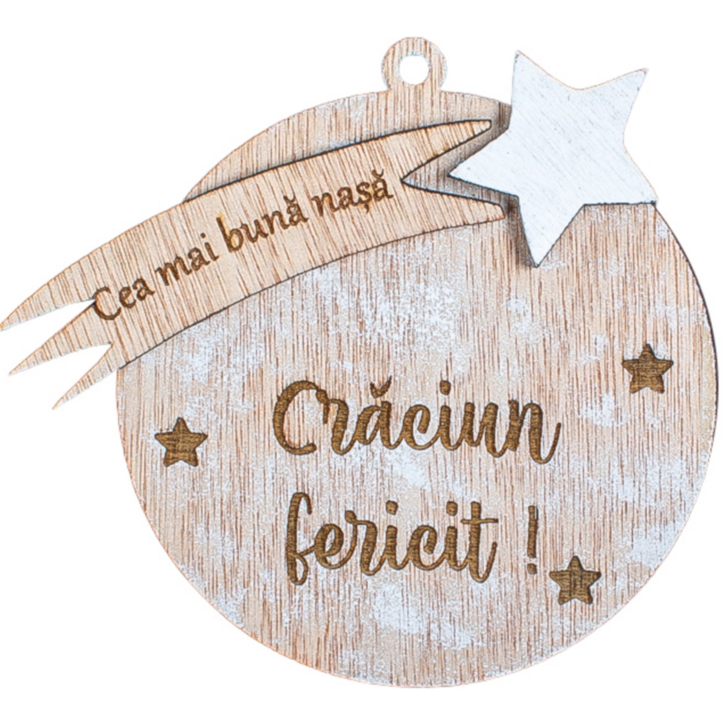 Glob de Craciun Personalizabil HH886 din Lemn Model Stea cu mesaj Craciun Fericit pentru cea mai buna persoana