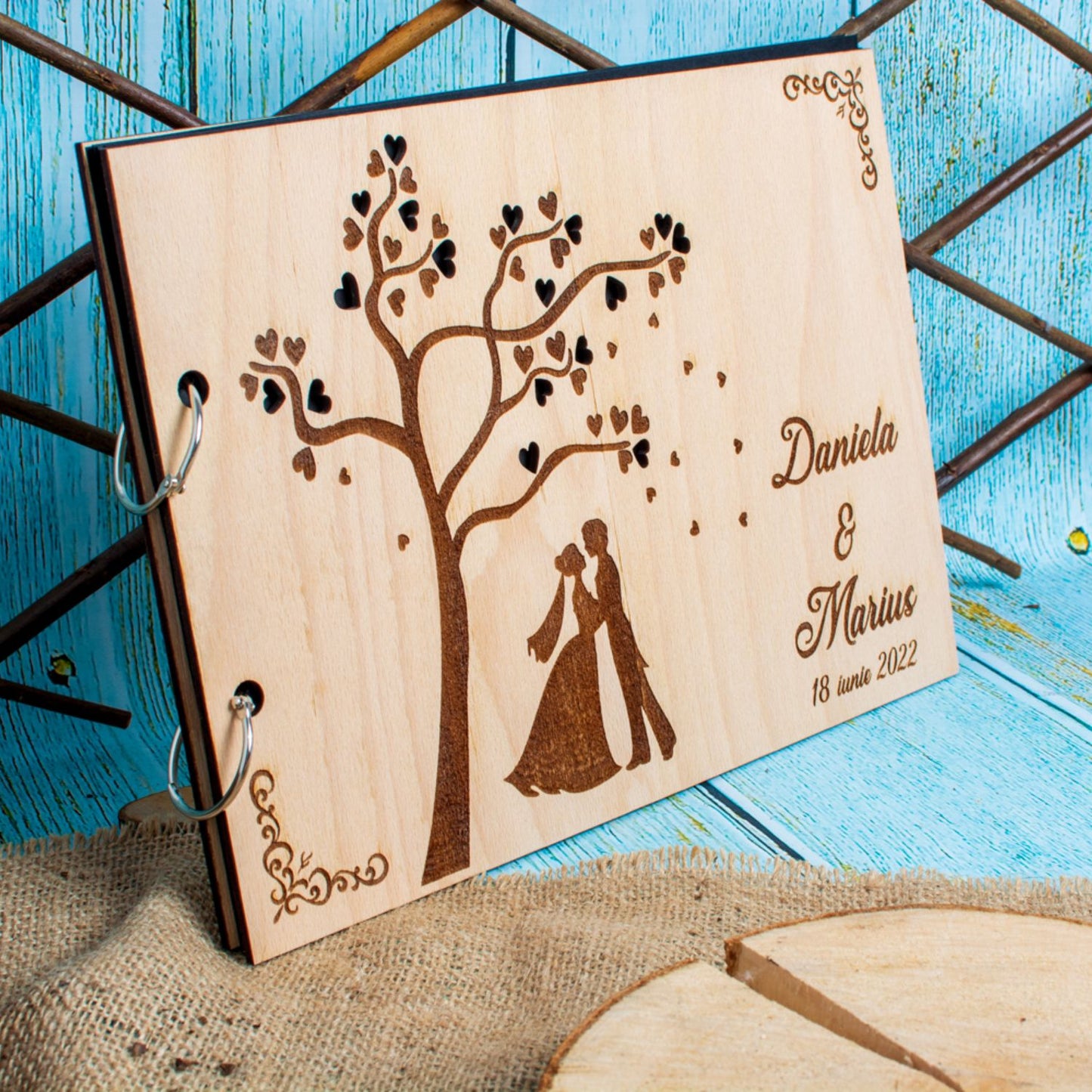 Album Foto GuestBook Nunta HH1586 Personalizat din lemn - Frunze Inima
