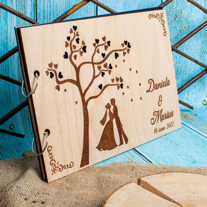 Album Foto GuestBook Nunta HH1586 Personalizat din lemn - Frunze Inima