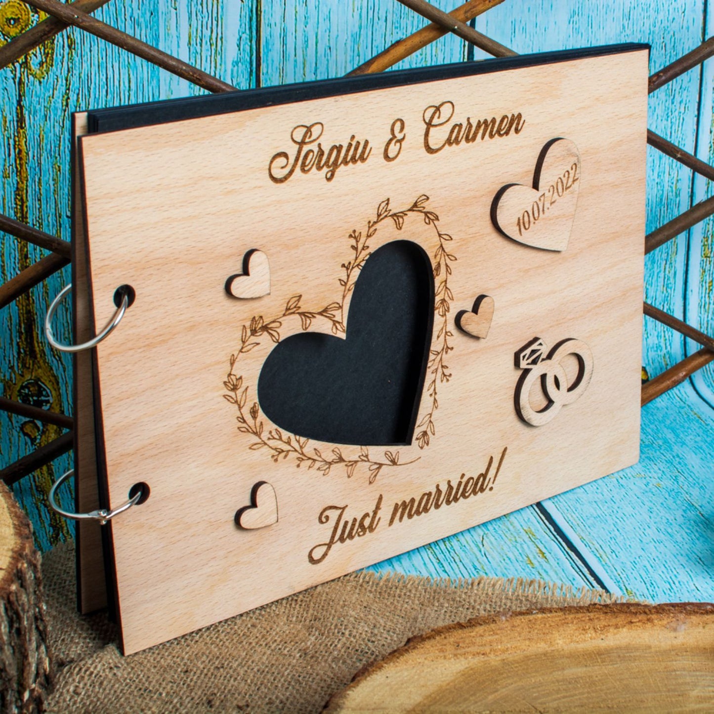 Album Foto GuestBook Nunta HH1589 Personalizat din lemn Inimi 30 x 21