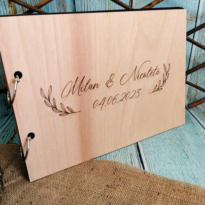 Album Foto GuestBook Nunta HH1640 Model Frunze Personalizat din lemn 30 x 21 cm