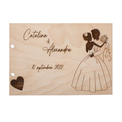 Album Foto GuestBook Nunta HH1609 Personalizat din lemn -Mire si Mireasa cu Buchet 30 x 21 cm