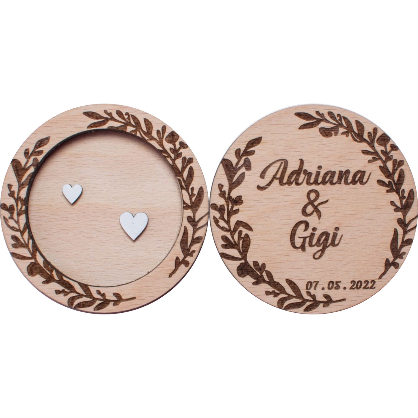 Cutie Verighete Rotunda Personalizata HH1633 din Lemn 10x10 cm