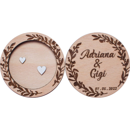 Cutie Verighete Rotunda Personalizata HH1633 din Lemn 10x10 cm