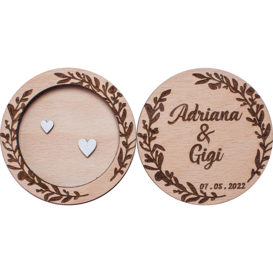 Cutie Verighete Rotunda Personalizata HH1633 din Lemn 10x10 cm