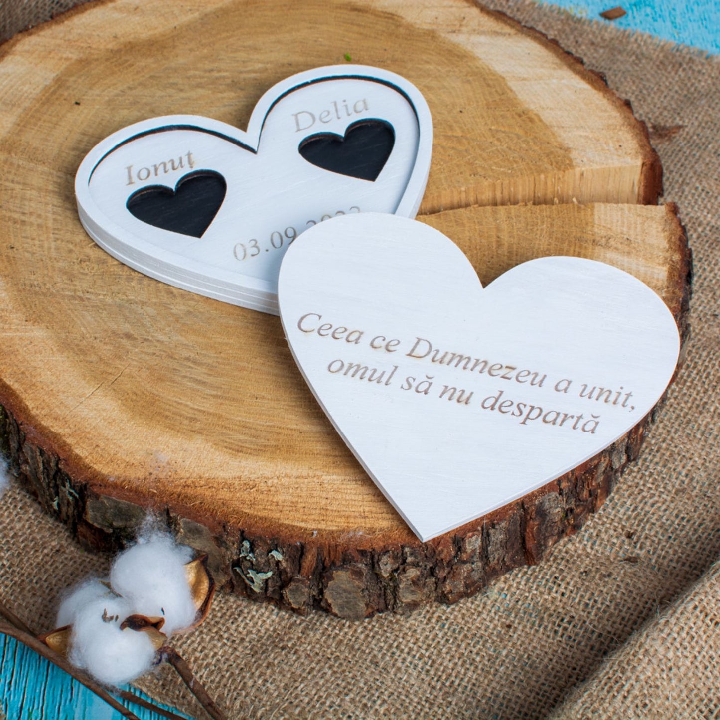 Cutie de Bijuterii Verighete Personalizata HH1602 din Lemn Alba Inima 14x12 cm