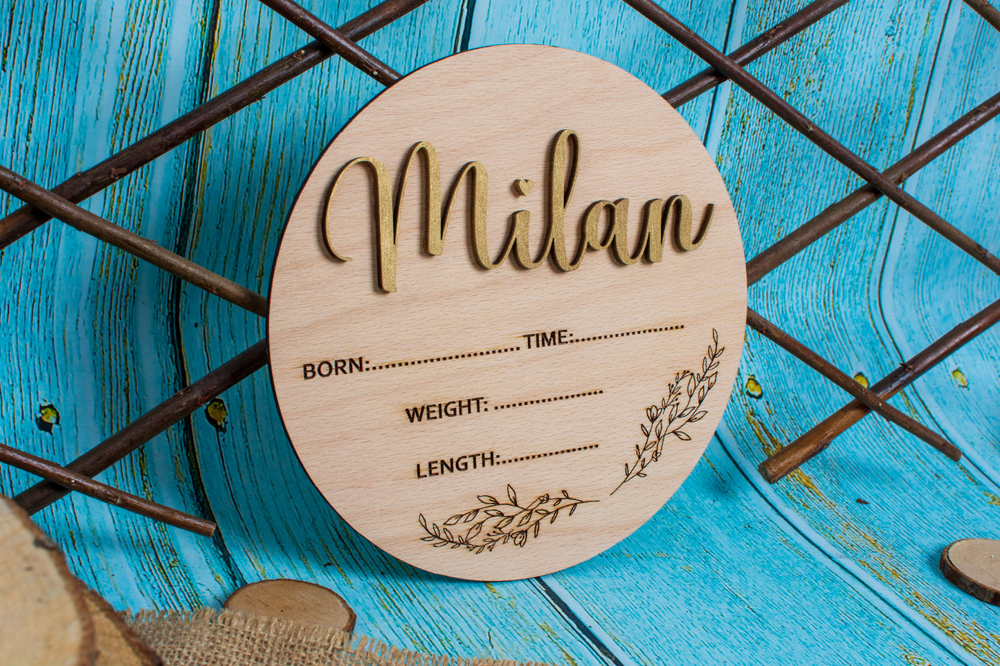 Decor Banut din Lemn HH1620 Personalizat cu Detaliile Nasterii
