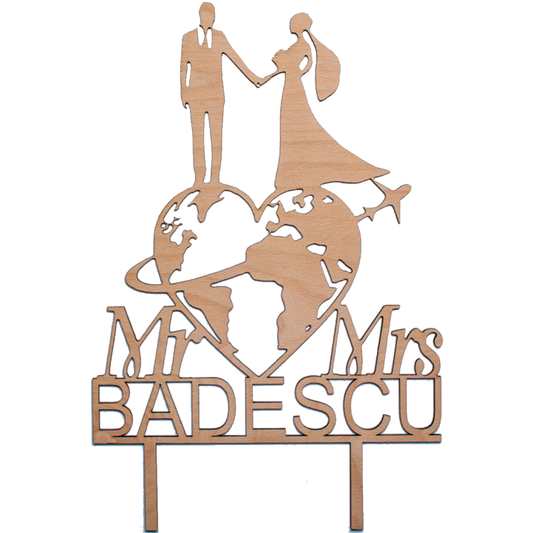 Topper din Lemn HH1600 Personalizat Nunta Inconjurul Lumii 20 x 30 cm