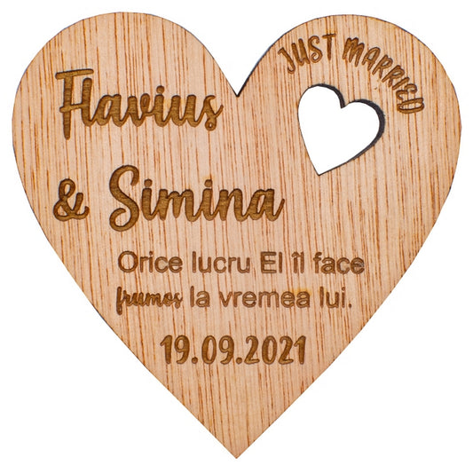 Set 10 bucati Marturie Aranjament HH6722 de masa Personalizata din lemn Nunta Just Married Proaspat Casatoriti Inima