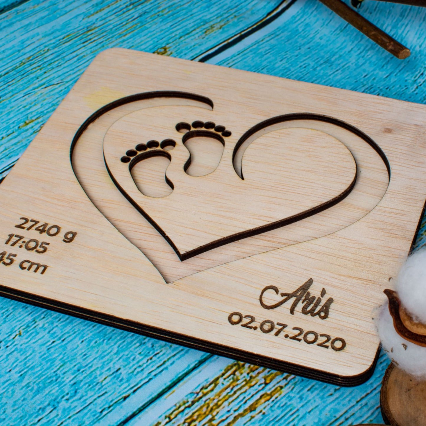 Rama Inima Personalizata cu Detaliile Nasterii Blank HH1507 din lemn pentru Licheni