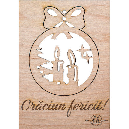 Felicitare cu Glob de Craciun din lemn HH865 Personalizata Craciun Fericit Model Lumanare