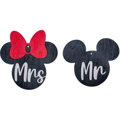 Set 2 Globuri de Craciun Personalizat Cuplu Familie HH890 din Lemn Model Mickey si Minnie Mrs si Mr